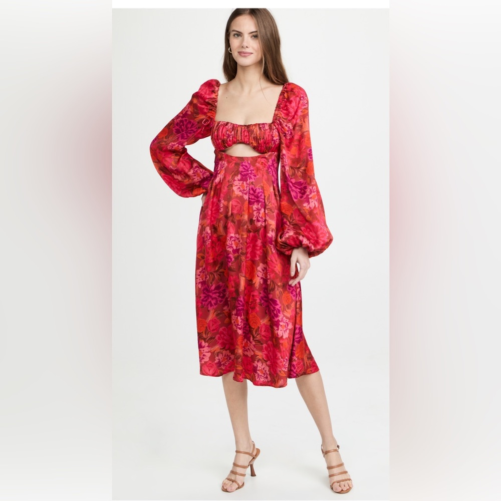 For Love And Lemons Nikki Midi Red Pleated Sundress with Bishop Sleeves